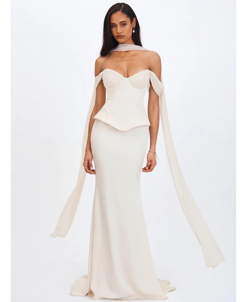 Miss Circle Women's Jessalyn Ivory Sweetheart Peplum Mermaid Wedding Dress with Chiffon Scarf