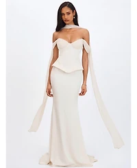 Miss Circle Women's Jessalyn Ivory Sweetheart Peplum Mermaid Wedding Dress with Chiffon Scarf