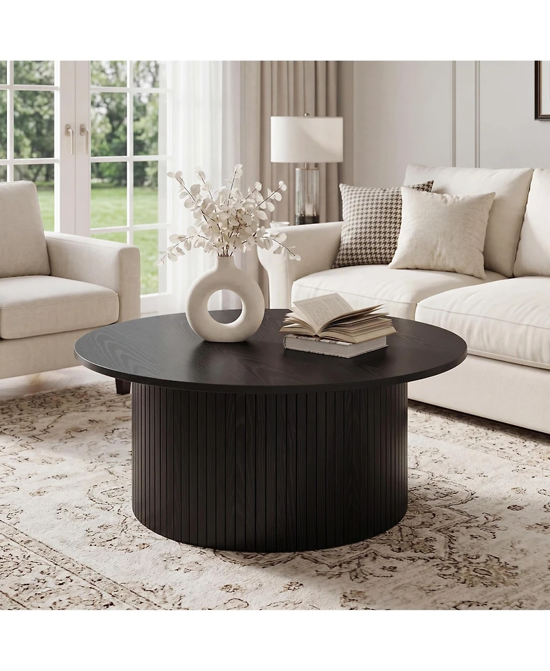 gaomon Modern Fluted Coffee Table Round Accent with Metal Frame, Walnut Finish - Mid-Century Design