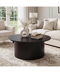 gaomon Modern Fluted Coffee Table Round Accent with Metal Frame, Walnut Finish - Mid-Century Design