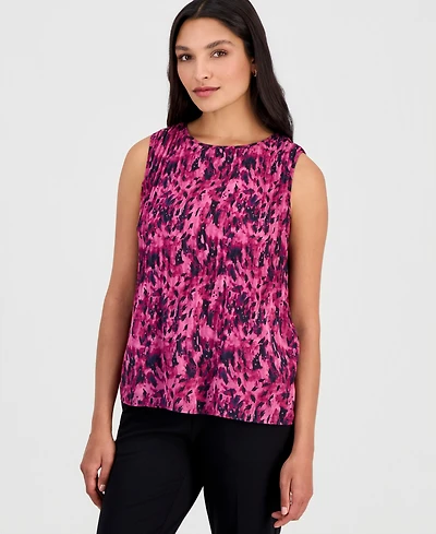 asper Women's Printed Crewneck Sleeveless Pleated Blouse