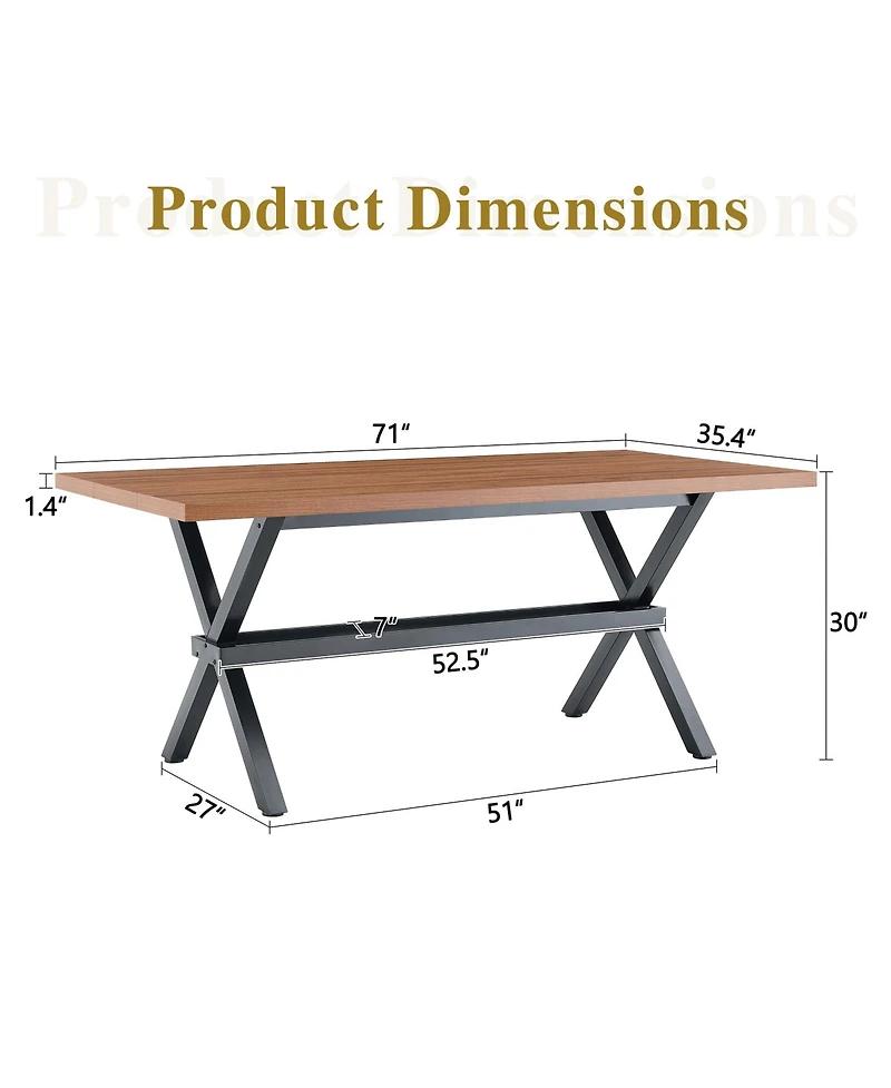 Rainsken 71" 35.4" Dining Table for 6-8 People - Mdf Splicing Desktop, X-Shaped Metal Frame, with Storage Shelves Room