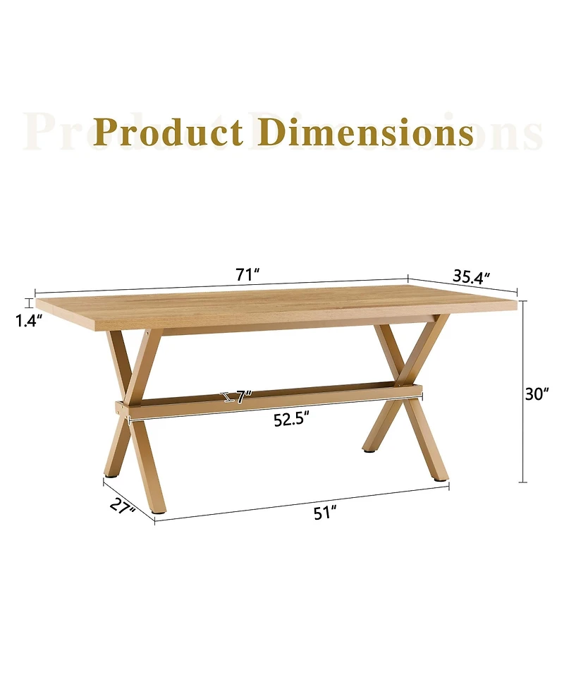 Rainsken 71" 35.4" Dining Table for 6-8 People - Mdf Splicing Desktop, X-Shaped Metal Frame, Dining Table with Storage Shelves for Dining Room