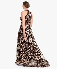 Betsy & Adam Women's Foil Halter Neck Gown