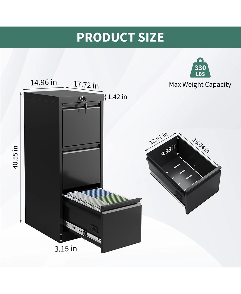 gaomon Three-Drawer Metal Filing Storage Cabinet with Lock for Home Office Document Storage