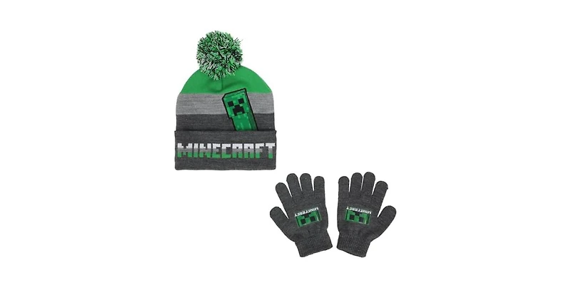 Minecraft Boys Creeper Character Youth Beanie and Gloves Set