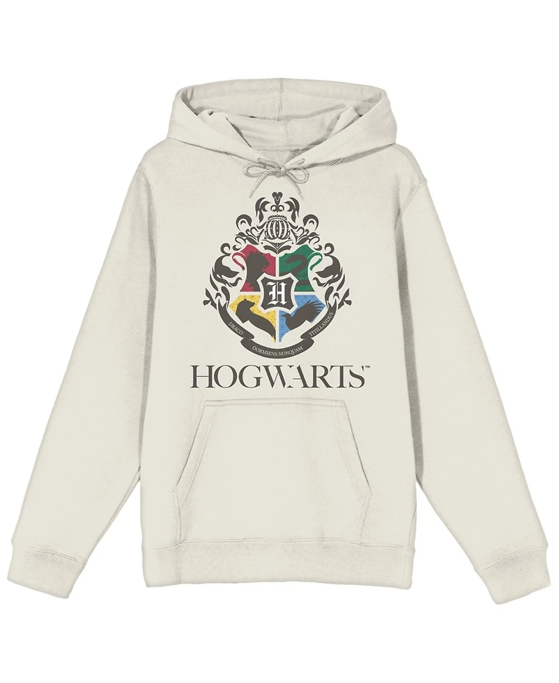 Harry Potter Minimal Hogwarts Crest Long Sleeve Natural Adult Hooded Sweatshirt-xl