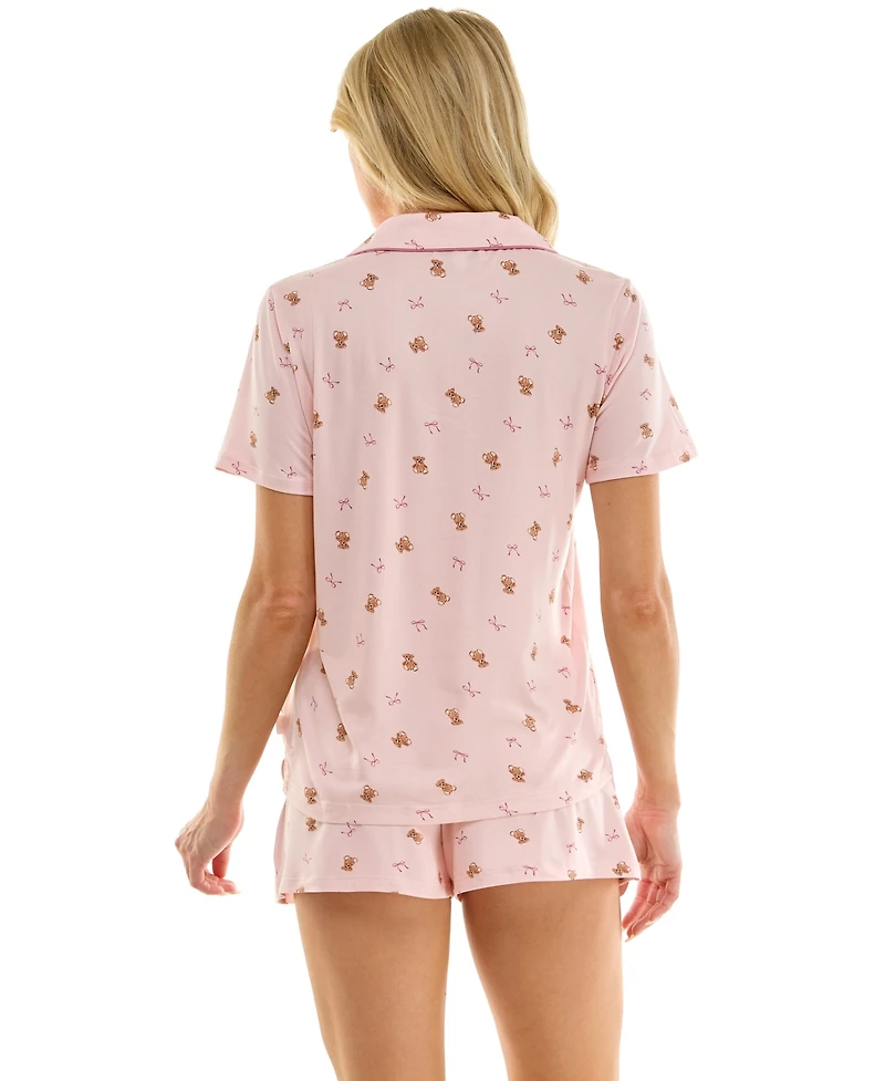 Sincerely Jules Women's Notch Collar Top and Pajama Shorts, 2-Piece Set
