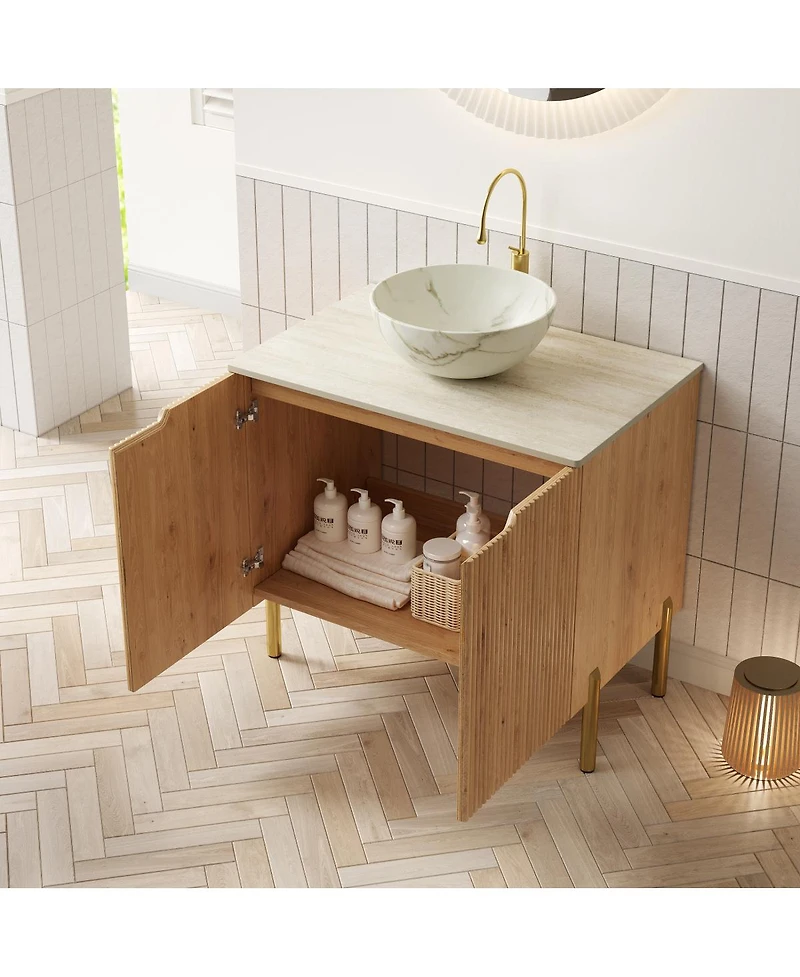 Sillysis 30 Inch Modern Bathroom Vanity with Ceramic Basin, Sintered Stone Countertop, Soft Close Double Doors Storage