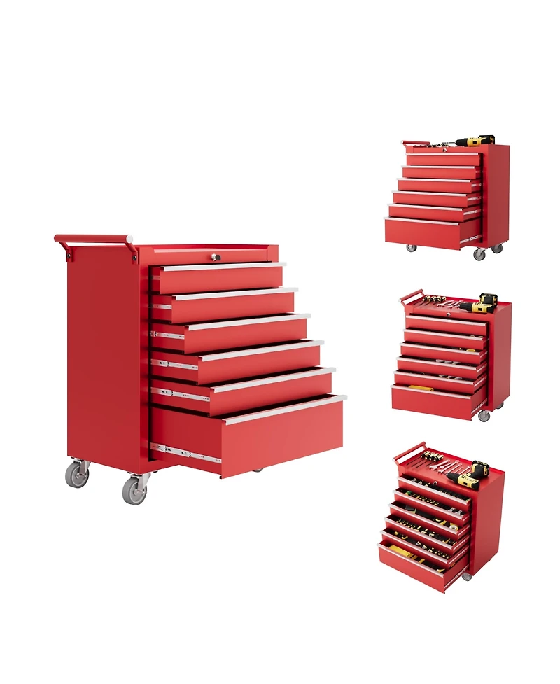 Gaomon 6-Drawer Portable Tool Storage Cart, Rolling Tool Chest Cabinet, Lockable Toolbox Organizer, Red
