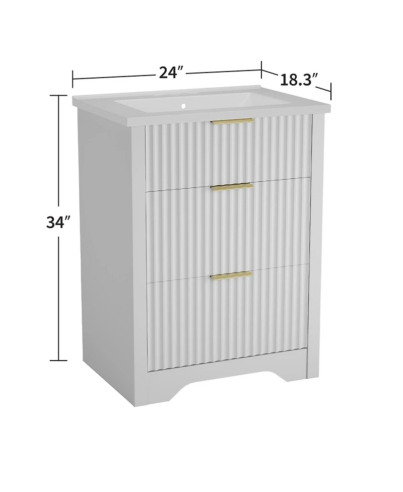 gaomon Fluted Bathroom Vanity with Ceramic Sink Freestanding Cabinet with Soft-Close Drawers and 1 Rotating-Down Drawer