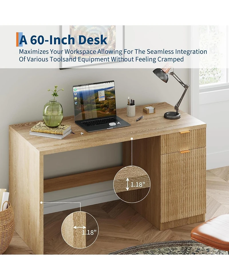 gaomon Modern Fluted Executive Desk - Wood Computer Desk with Storage Cabinet and Drawers, Oak Writing Table for Home Office, Study