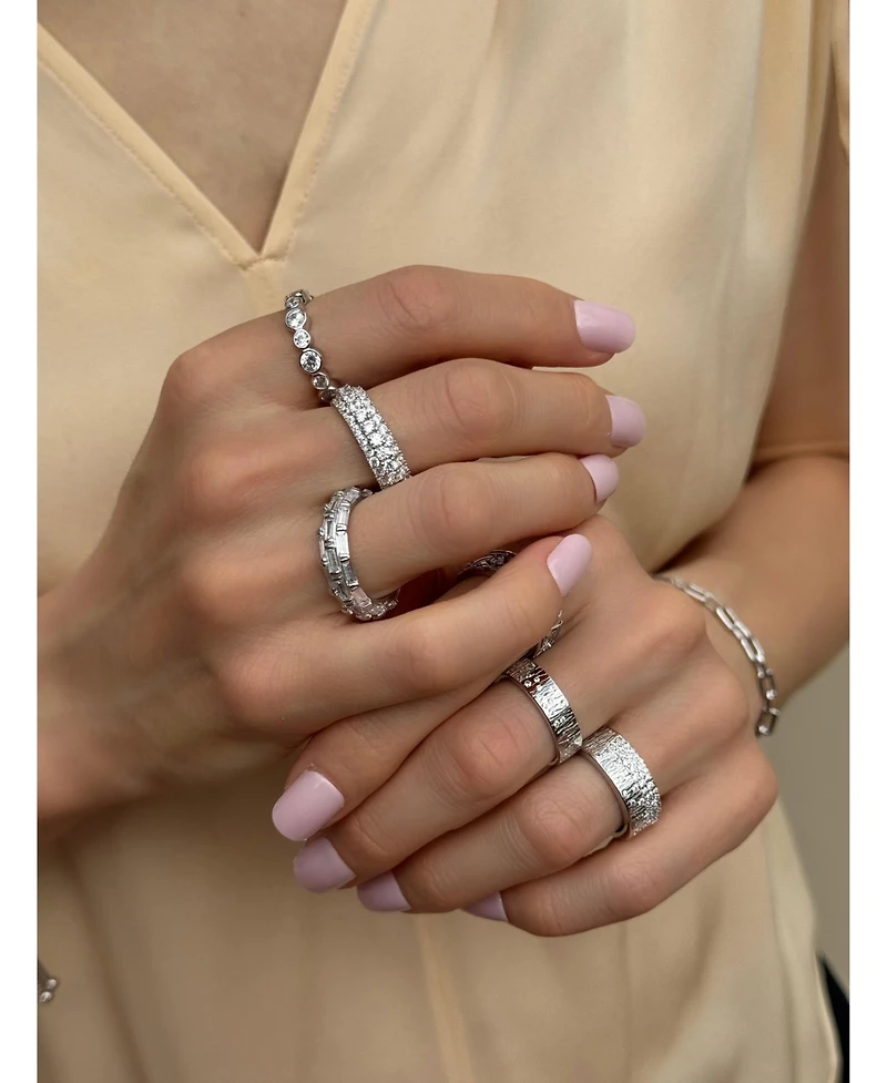 Suzy Levian Sterling Silver Cubic Zirconia White Baguette Three Row Eternity Band