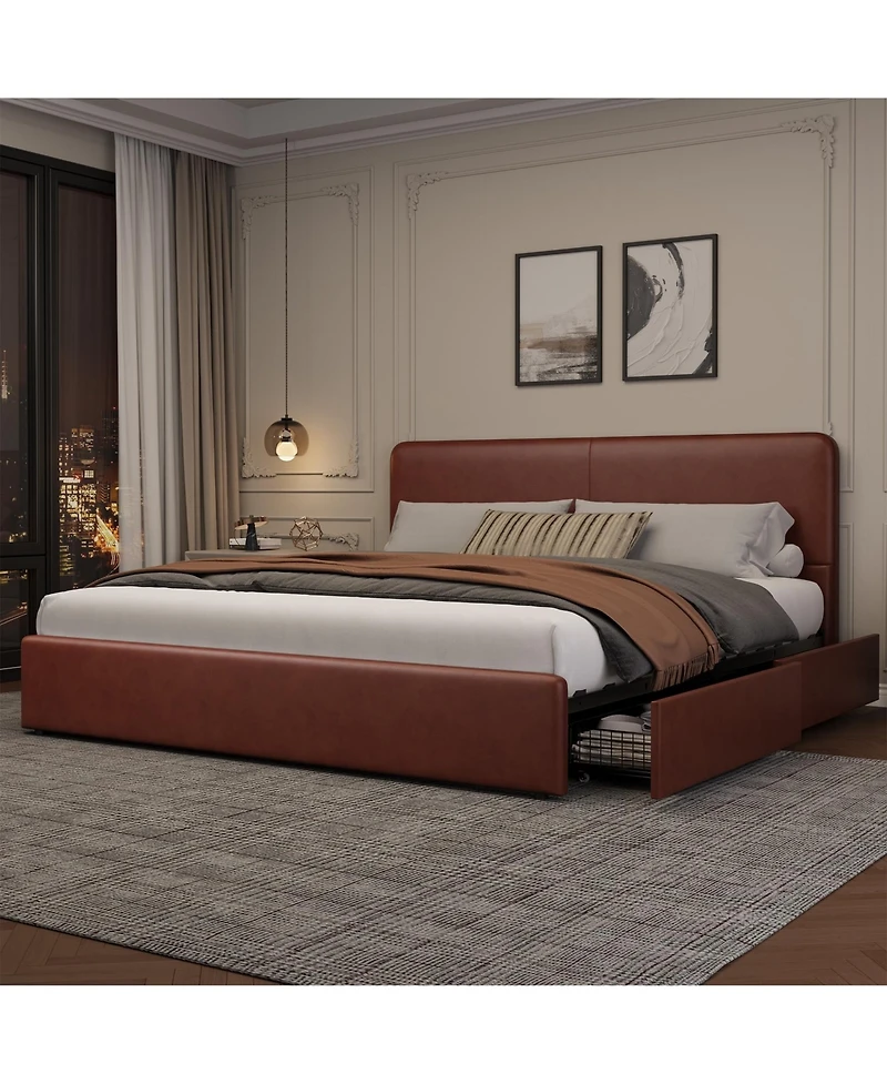 homfan Upholstered Platform Bed Frame with Headboard and 2 Storage Drawers, Wood Slat Support
