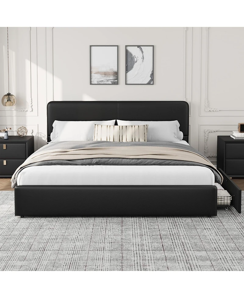 homfan Upholstered Platform Bed Frame with Headboard and 2 Storage Drawers, Wood Slat Support