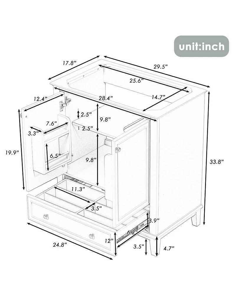 Sillysis 29.5 Inch Freestanding Bathroom Vanity Base with Adjustable Shelf, Solid Wood and Mdf Storage Cabinet