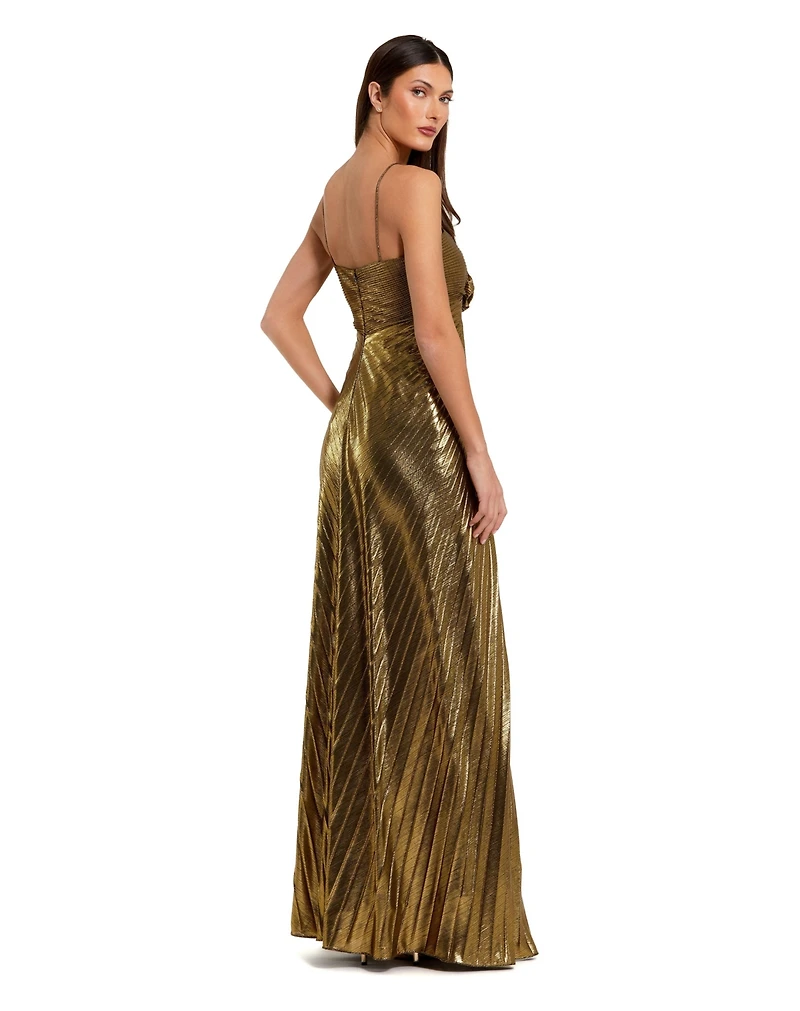Mac Duggal Women's Petite Pleated Metallic Gown with Thin Straps and 3D Floral Detail