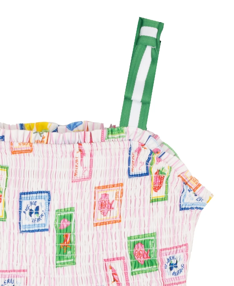 Rare Editions Girls' 2T-6X Printed Smocked Bodice Tie Shoulder Midi Dress