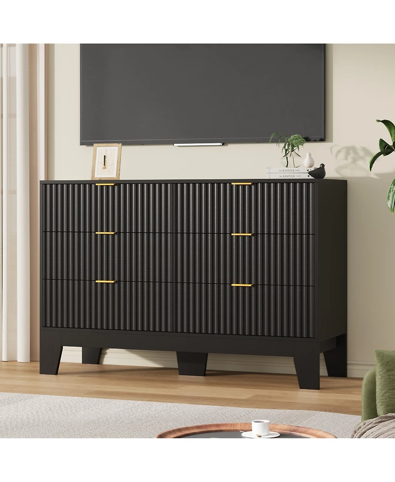 homfan 6 Drawer Dresser for Bedroom, 47" Wide Fluted Chest of Drawers with Metal Handle, Modern Wooden Tv Stand, Clothes Storage Organizer Hallway