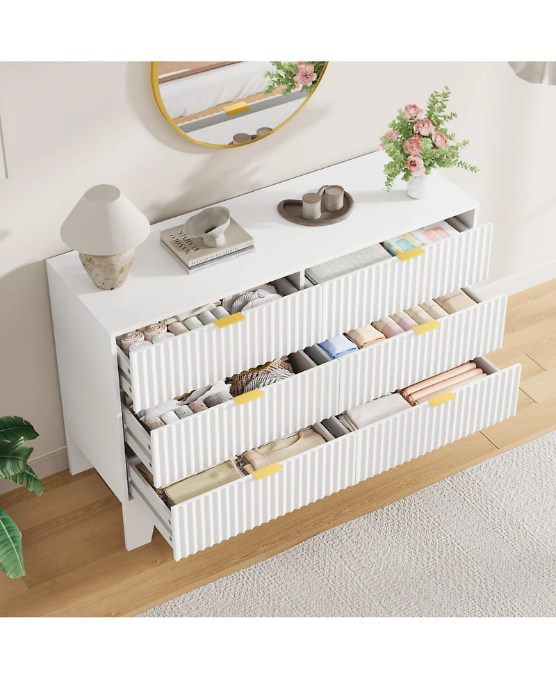 homfan 6 Drawer Dresser for Bedroom, 47" Wide Fluted Chest of Drawers with Metal Handle, Modern Wooden Tv Stand, Clothes Storage Organizer Hallway