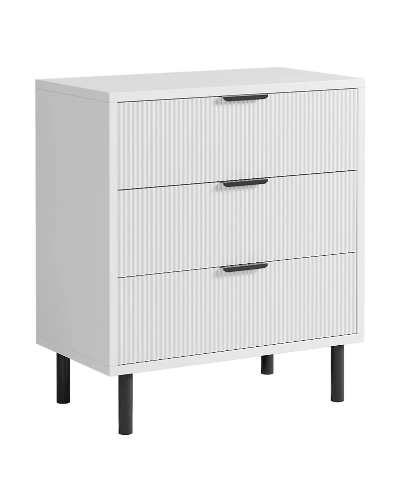 homfan Modern Fluted 3-Drawer Dresser, Wide Wooden Storage Chest with Metal Legs and Anti-Tip Device