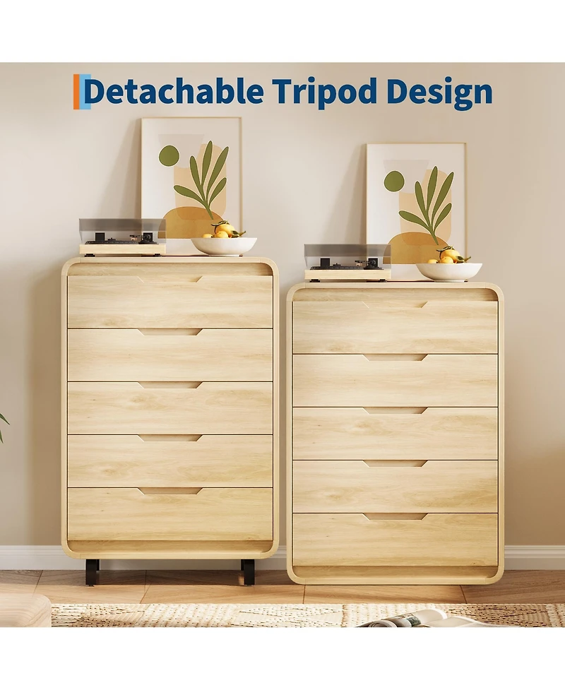 homfan Large Capacity Wooden Dresser with 5 Drawers, Tall Storage Chest, Modern Minimalist Cabinet for Bedroom, Living Room and Hallway