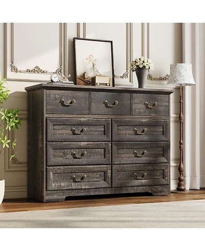 homfan Vintage 9-Drawer Wooden Dresser, 47" Wide Storage Chest with Metal Handles and Mixed-Size Drawers for Multi-Purpose Use