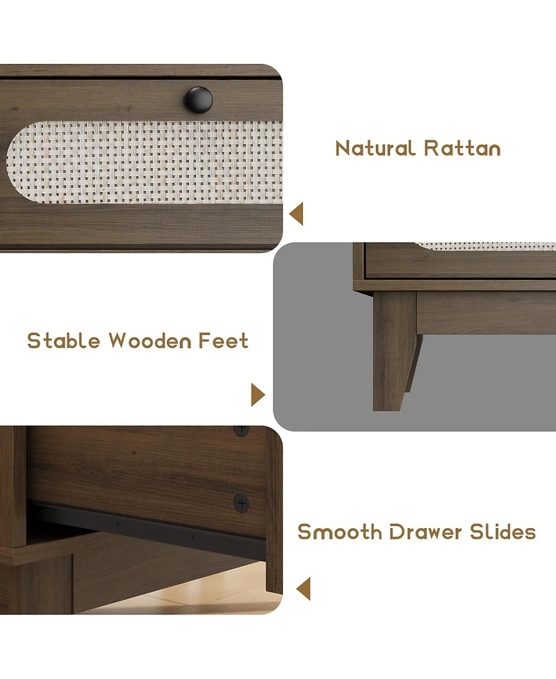 homfan Modern Farmhouse 6-Drawer Rattan Cabinet, Wooden Dresser with Charging Ports, Metal Handles and Anti-Tip Design