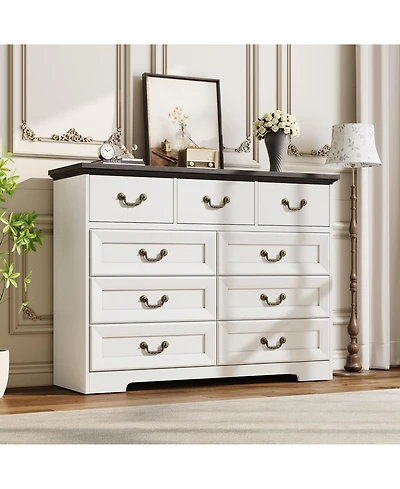 homfan Vintage 9-Drawer Wooden Dresser, 47" Wide Storage Chest with Metal Handles and Mixed-Size Drawers for Multi-Purpose Use