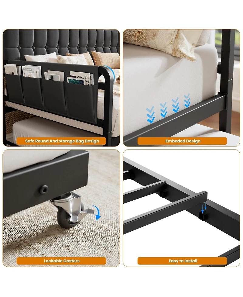 homfan Upholstered Twin Daybed with Trundle, Led Lights, Charging Station and Storage Headboard, Metal Slat Support