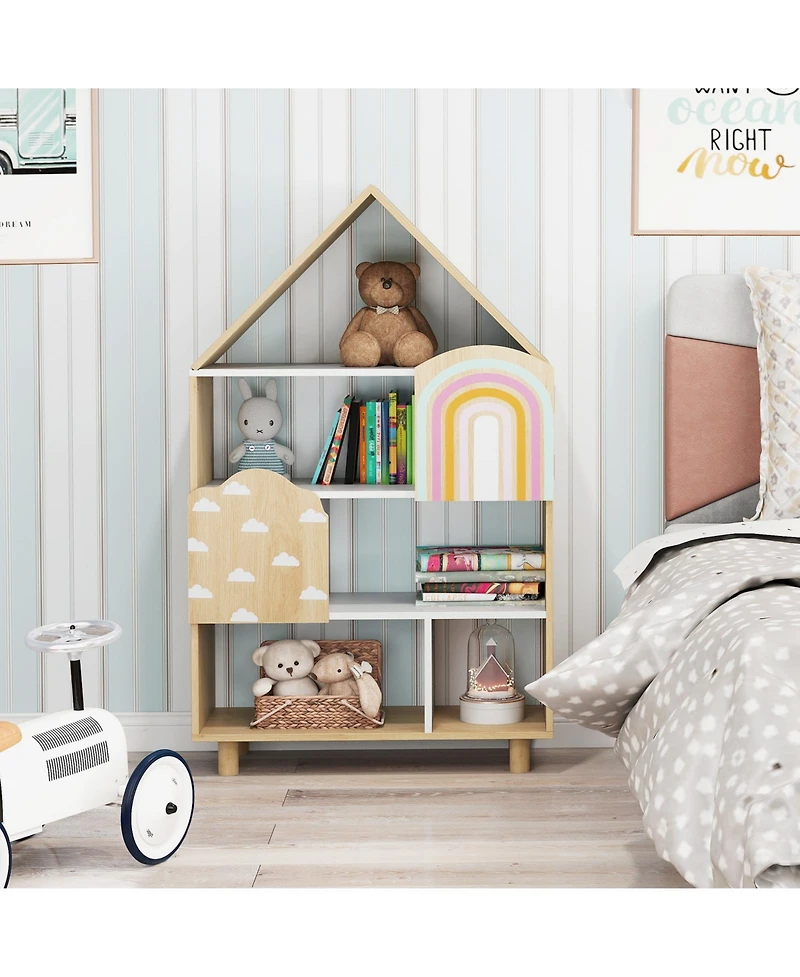 Gymax House-Shaped Kids Bookshelf 4-Tier Toy Storage Organizer with Open Compartments