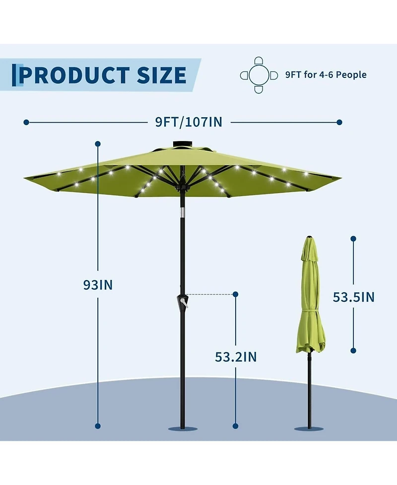 gaomon Outdoor Table Solar Patio Umbrella with 32 Led Lights, Uv Protection for Pool