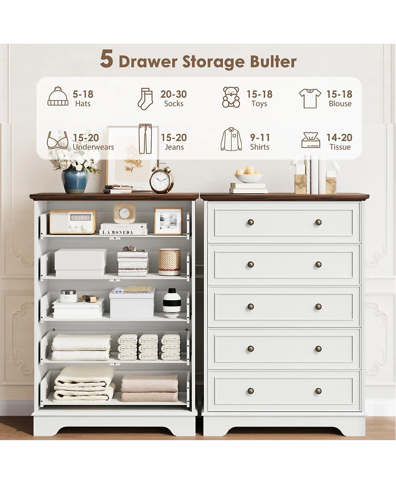 gaomon 5 Drawer Dresser for Bedroom, Vertical Chest of Drawers, Farmhouse Tall Cabinet Organizer for Living Room, Hallway