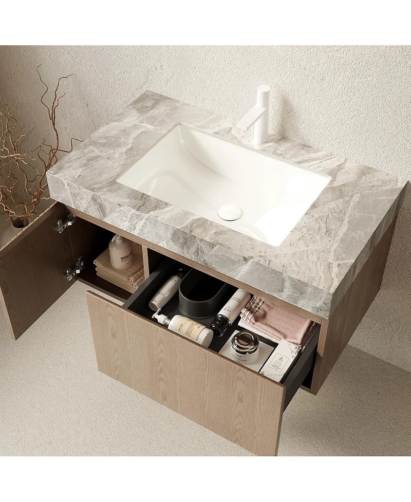 Sillysis Italian Wall Mount Bathroom Vanity with Sintered Stone Countertop, Ceramic Sink, Soft Close Cabinet, Pre-assembled