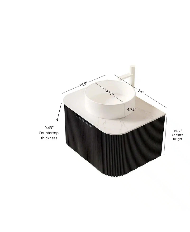 Sillysis Wall Mounted Bathroom Vanity with Sintered Stone Top, Round Ceramic Sink, Black Striped Drawer