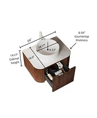 Sillysis Wall Mounted Bathroom Vanity with Artificial Marble Top, Round Ceramic Sink, Walnut Striped Drawer