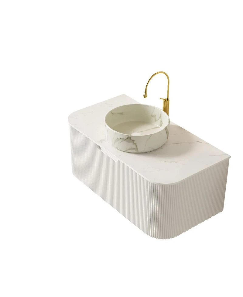 Sillysis Wall Mounted Bathroom Vanity with White Sintered Stone Top, Round Ceramic Bowl Sink, Pre-assembled