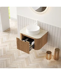 Sillysis Wall Mounted Bathroom Vanity with Sintered Stone Top, Round Ceramic Vessel Sink, Wood Grain Drawer