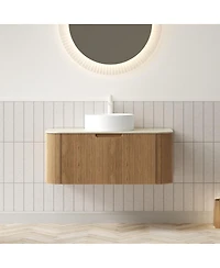 Sillysis Wall Mounted Bathroom Vanity with Sintered Stone Top, Round Ceramic Vessel Sink, Wood Grain Drawer