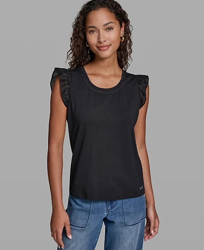 Karl Lagerfeld Paris Women's Sleeveless Ruffle Knit Top
