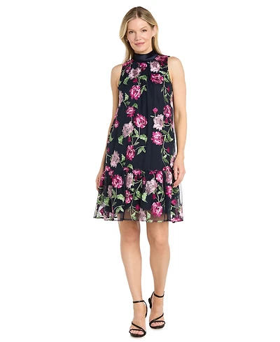 R & M Richards Petite Embroidered Trapeze Sleeveless Mini Dress