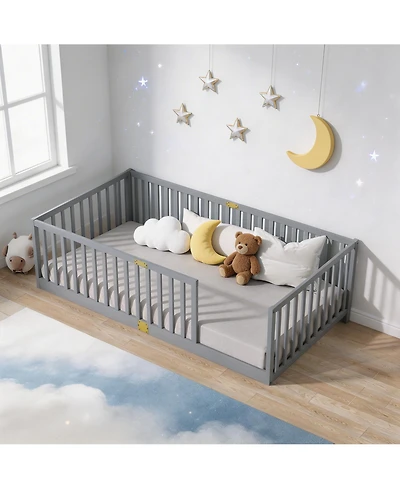 Sailvan Bed with High Fence Railings, Solid Rubber Wood Kids Platform Bed Frame
