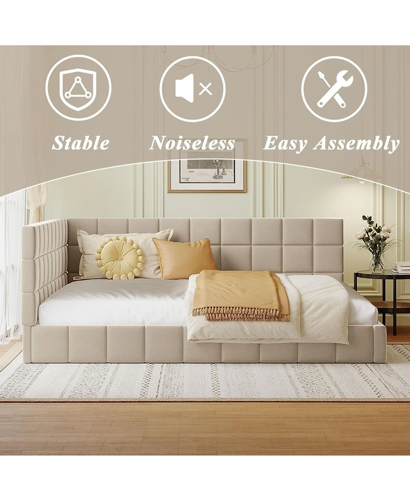 Rainsken L-Shaped Corner Upholstered Daybed, Grid Tufted Velvet Bed Frame with Wooden Slats for Bedroom