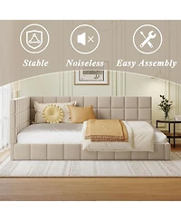 Rainsken L-Shaped Corner Upholstered Daybed, Grid Tufted Velvet Bed Frame with Wooden Slats for Bedroom
