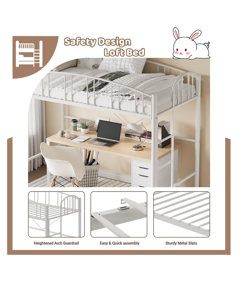 homfan Metal Loft Bed with Arched Guardrail and Ladder, Space-Saving Frame Steel Slats, No Box Spring Needed
