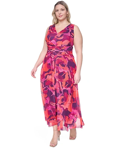 Eliza J Plus Sleeveless V-Neck Ruched Waist Midi Dress