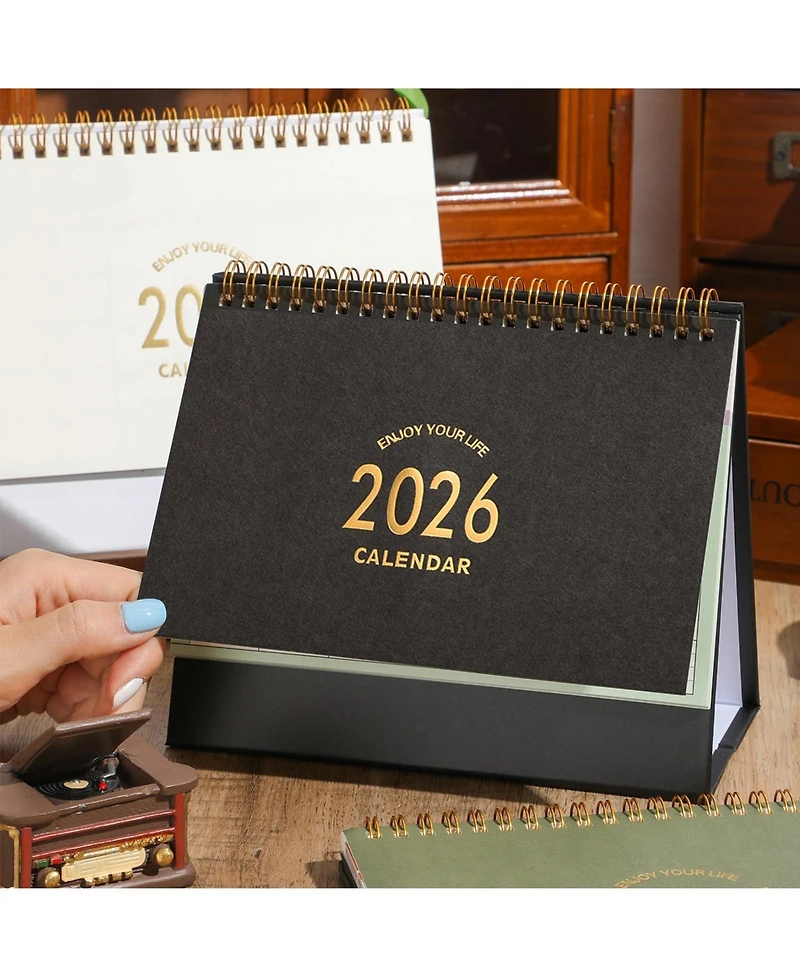 Gnuadz Desk Calendar 2026 Standing Flip Desktop Metal Ring Twin-wire Binding Monthly Home Office
