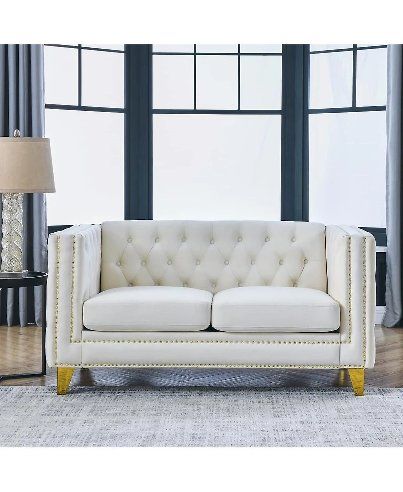 Maison Boucle 58'' Velvet Chesterfield Loveseat Couch, Tufted 2-Seater, Nailhead