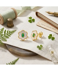 Simona Elegant Mother of Pearl and Green Cz Flower Stud Earrings