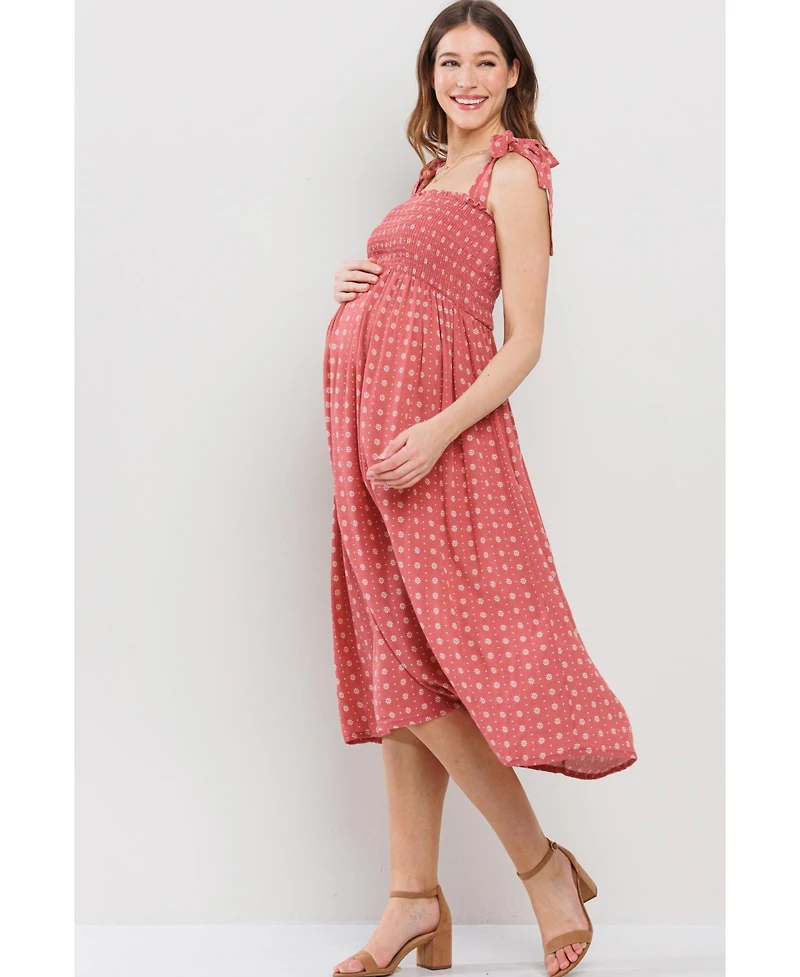 Hello Miz Maternity Floral Smocked Sleeveless Midi Dress with Adjustable Straps